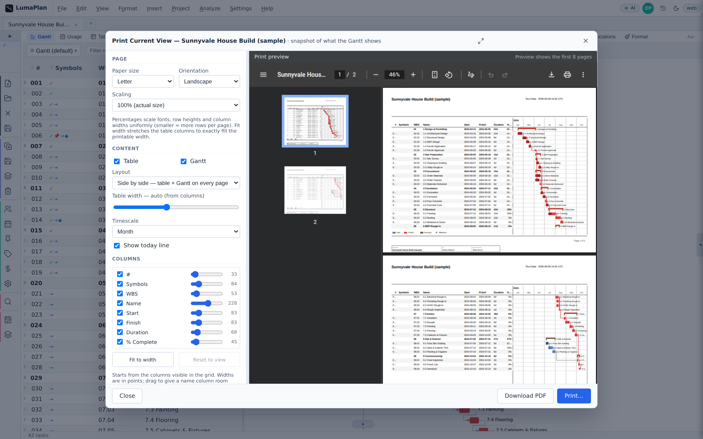 The Print Current View dialog: page, content, layout, timescale and per-column width controls down the left, and a live two-page PDF preview on the right showing the task table beside a timescaled Gantt with a legend and a title block.